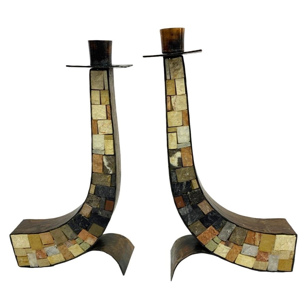 Eilon Mosaics MCM Hammered Copper Holy Land Stone Candlesticks Shabbat 10.5”